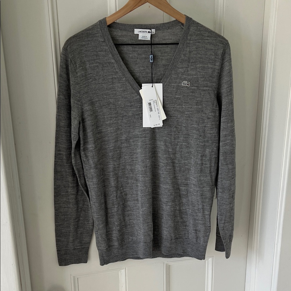 Lacoste Women's Gray V-Neck Sweater - NEW WITH TAGS